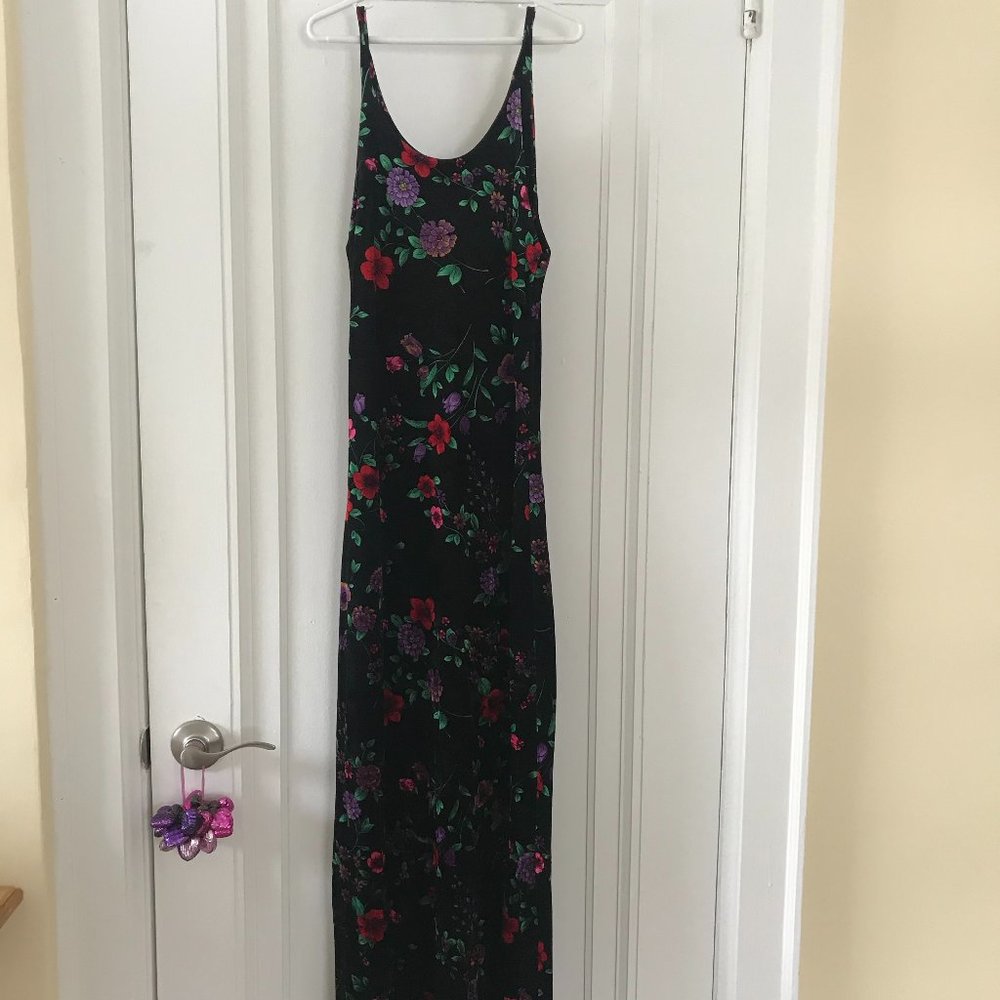 Vintage 90s Betsey Johnson Floral Print Stretch Velvet Maxi Dress- Size Small
